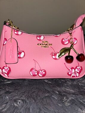 COACH Pink Cherry-Print  Shoulder Bag with Cherry Charm
